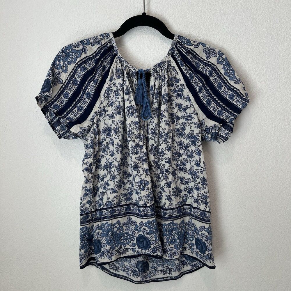 Lucky Brand Women’s Boho Top Short Sleeve Tassel Small Blue